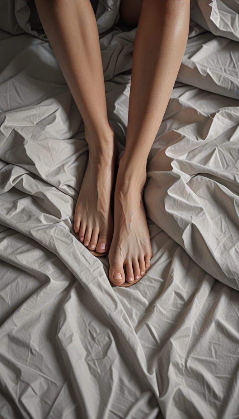 Hyperrealistic Female Feet on a Distressed Bed