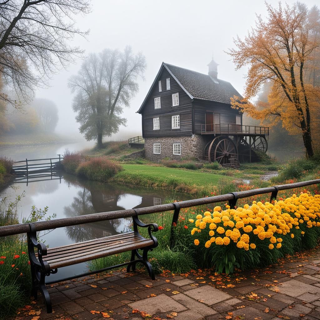 Foggy Autumn Morning Scene with River and Mill