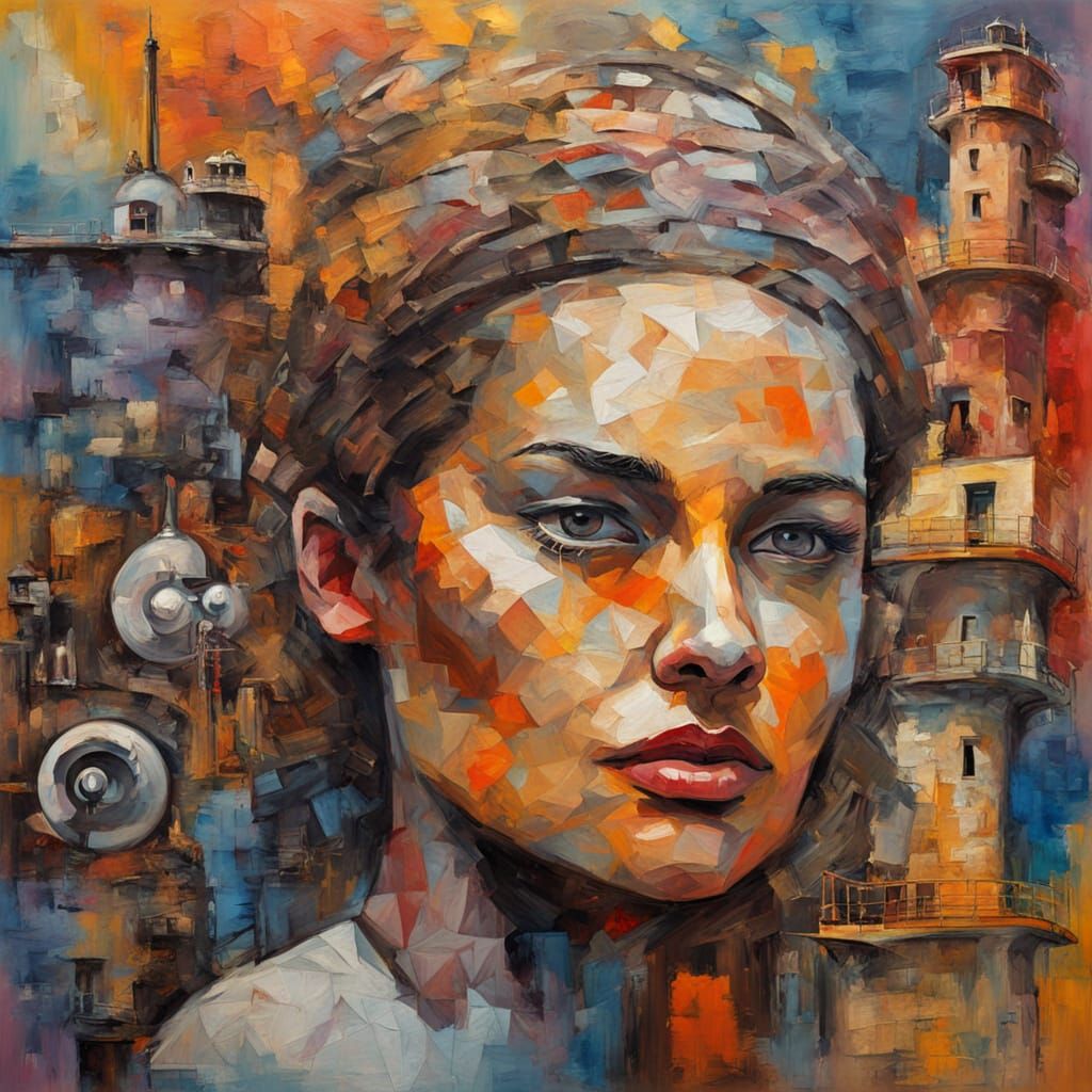 Surreal Steampunk Harbor with Lighthouse and Collage Art