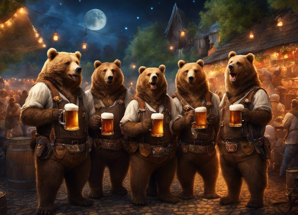 Bears Celebrate at Beer Festival in Fantasy Art Style