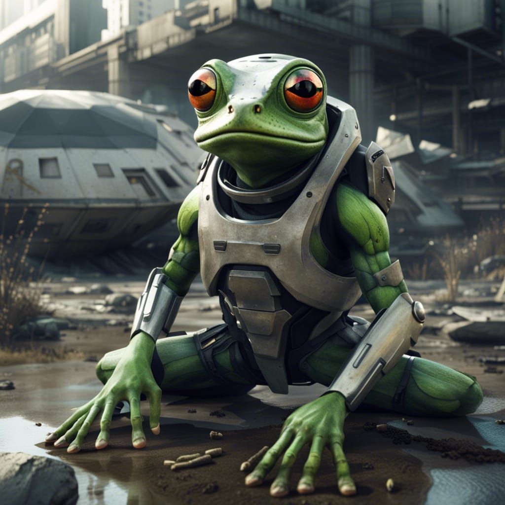 Futuristic Frog Warrior in Cyberpunk Warzone