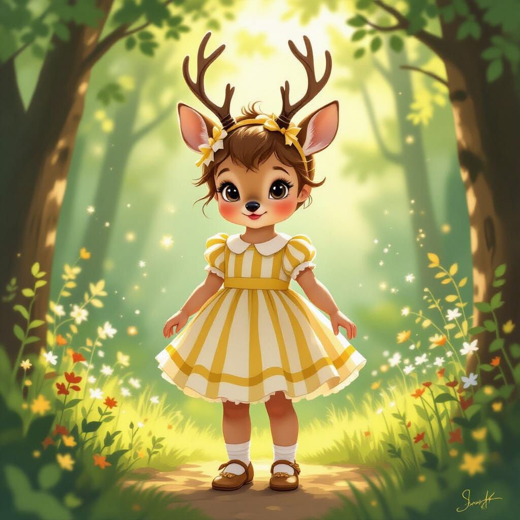 Whimsical Deer Nymph in Sunlit Forest Clearing