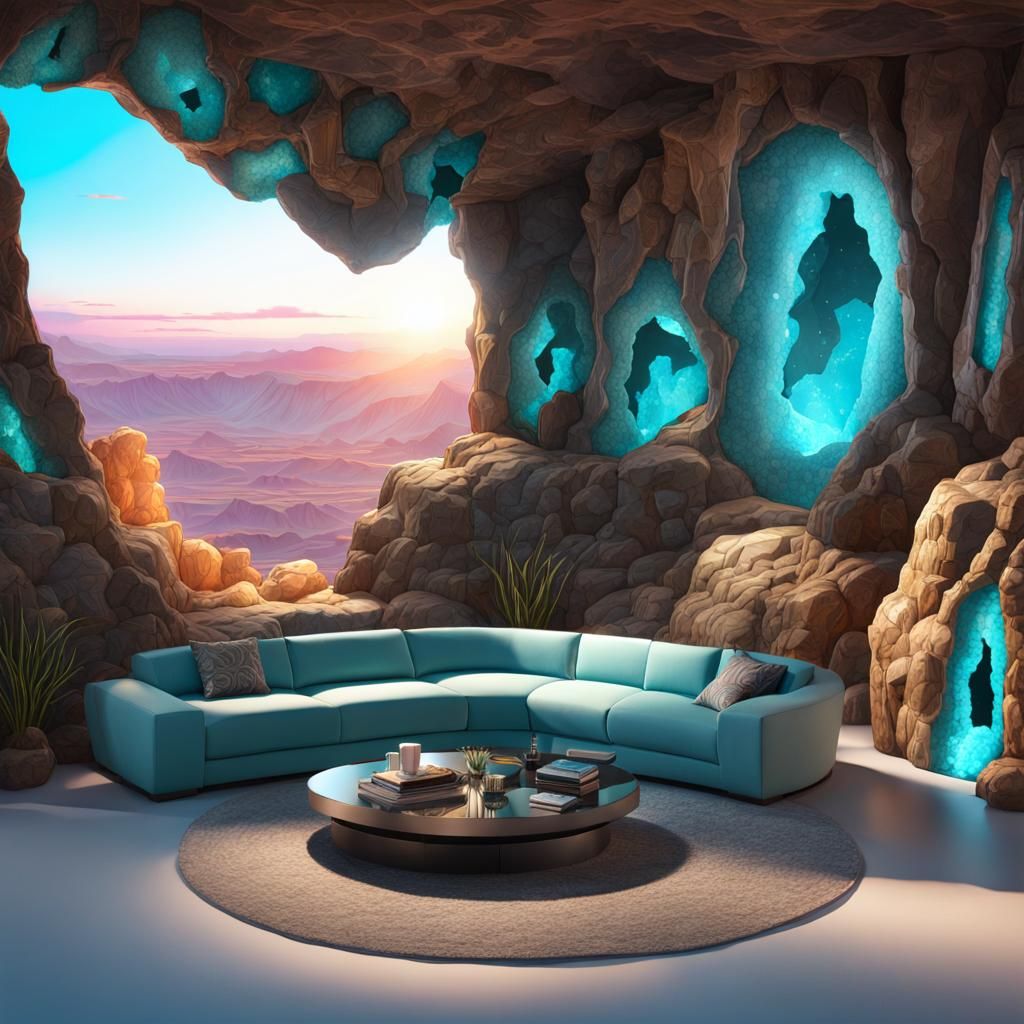 Futuristic Turquoise Astral Geode Home with Sunset View