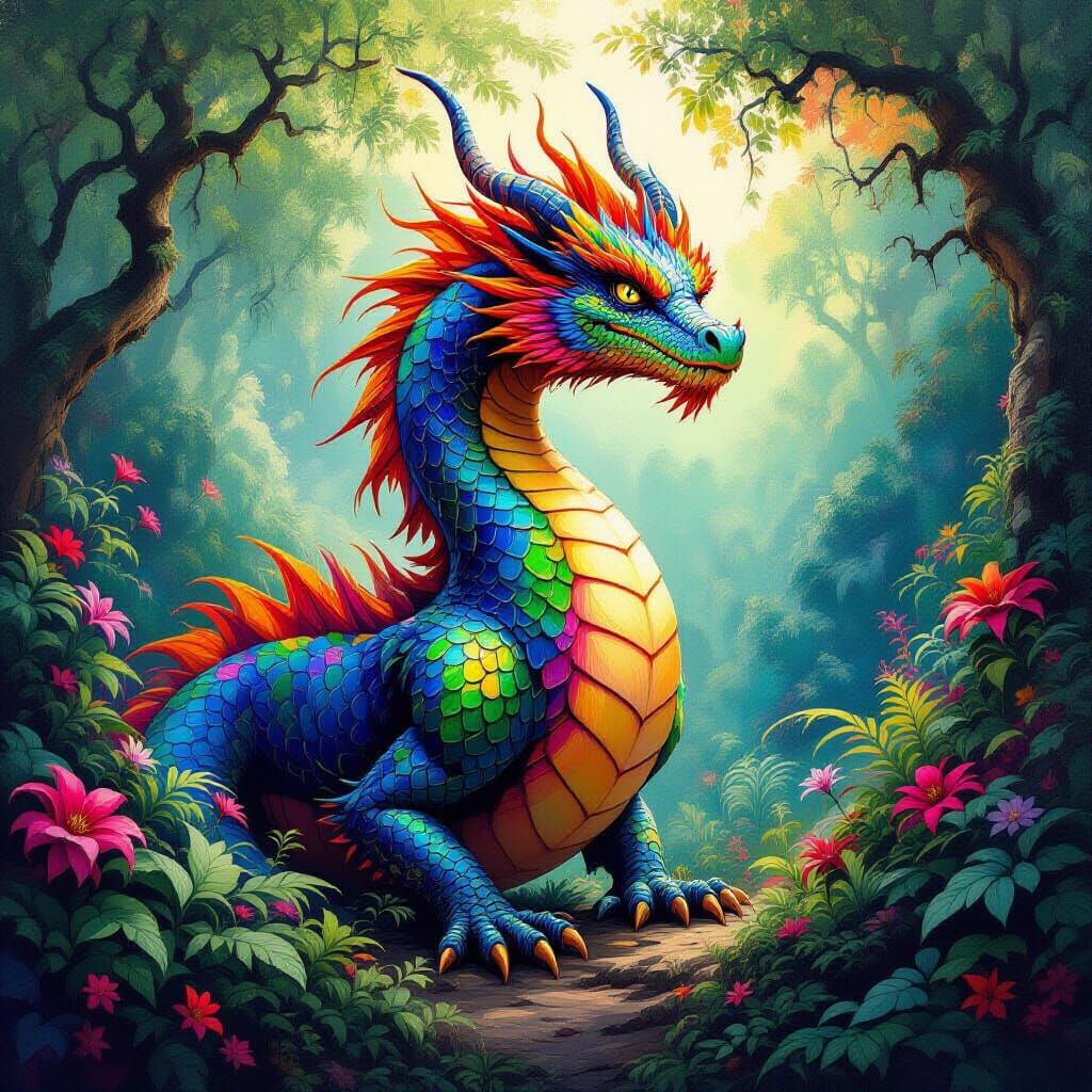 Psychedelic Dragon Erupts from Vibrant Forest