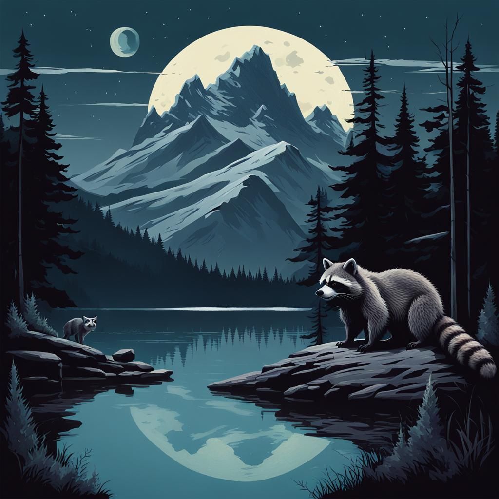Sinister Raccoon Under Moonlight in Forest