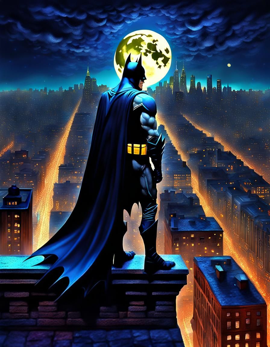 Batman Over Gotham in Pointillist Gothic Style