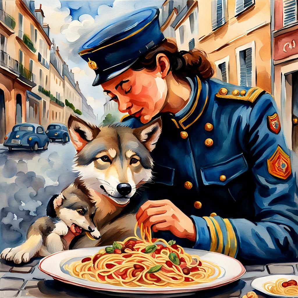 Gendarme and Puppy Share Spaghetti: Watercolor Painting