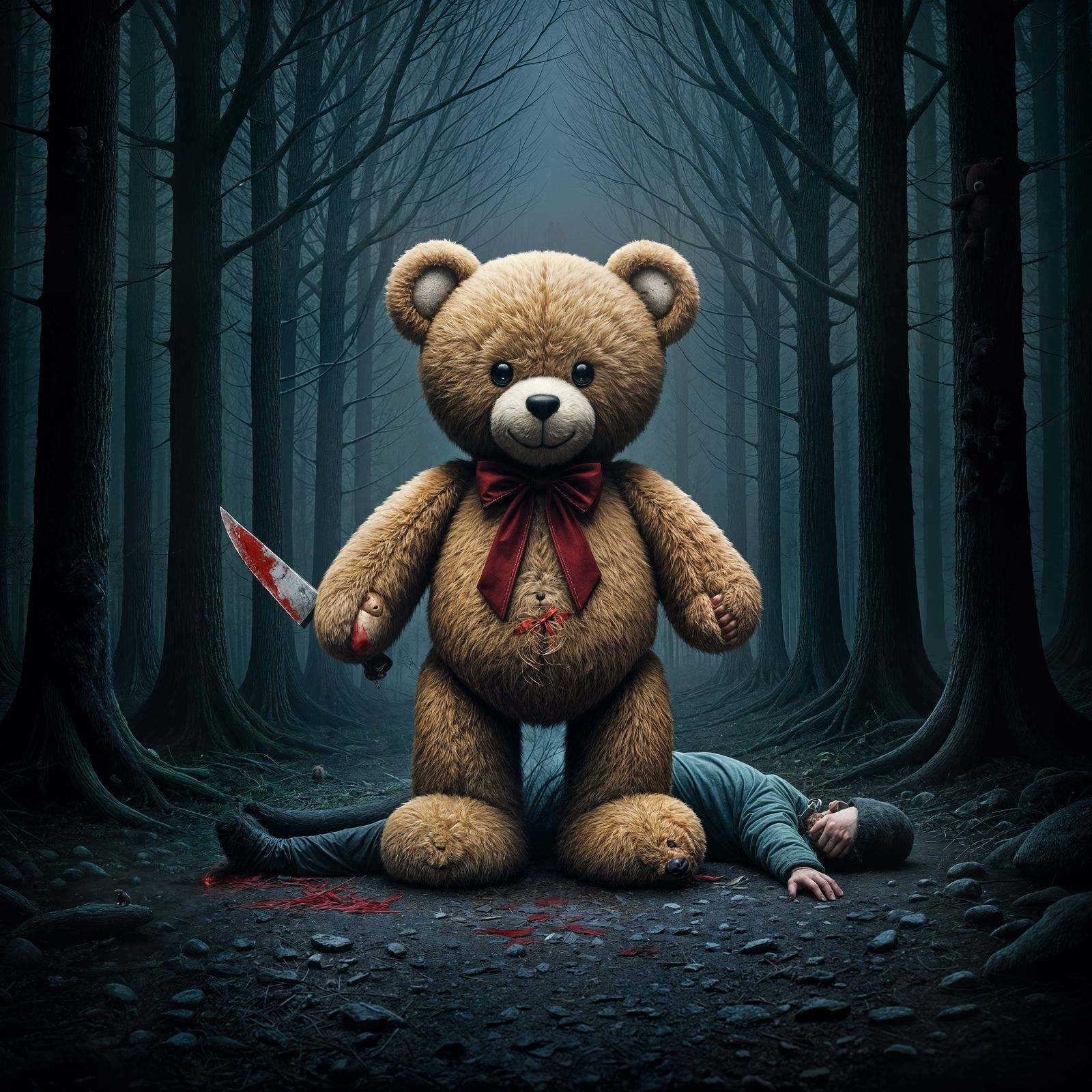 Sinister Teddy Bear in Dark Forest, Digital Art