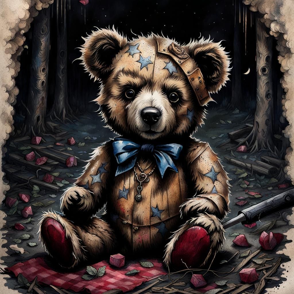 Macabre Teddy Bear Picnic in Junkyard, Ink Art
