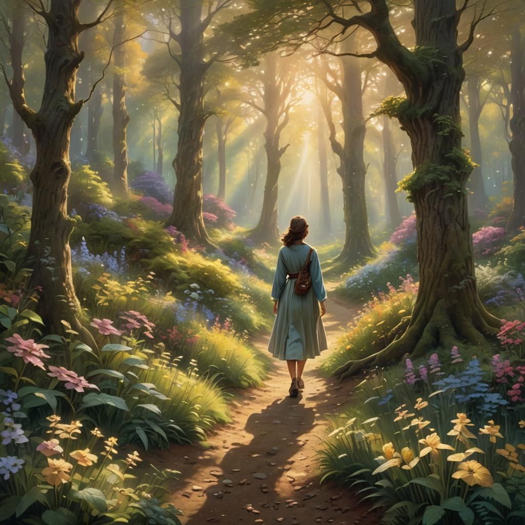 Ethereal Fantasy Forest Scene in Warm Sunlight