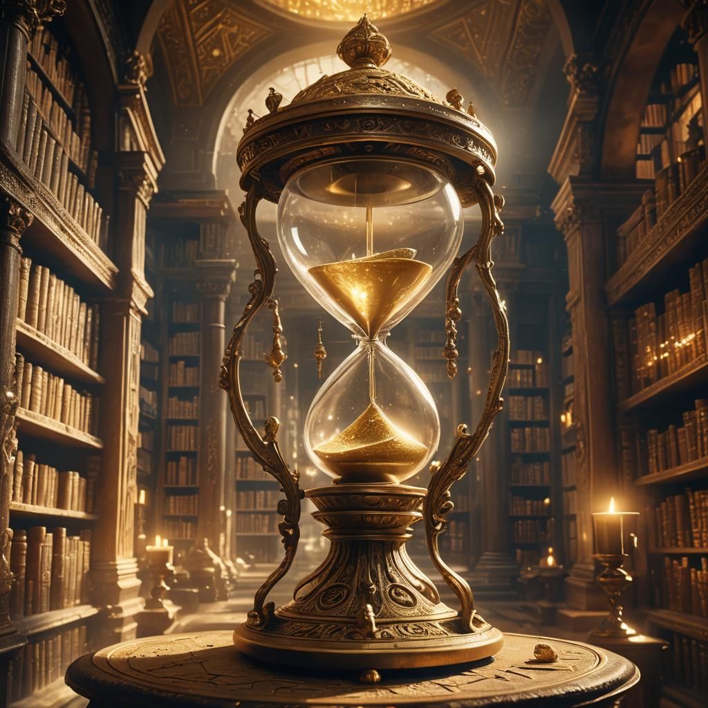 Goddess Holding Hourglass in Ancient Library