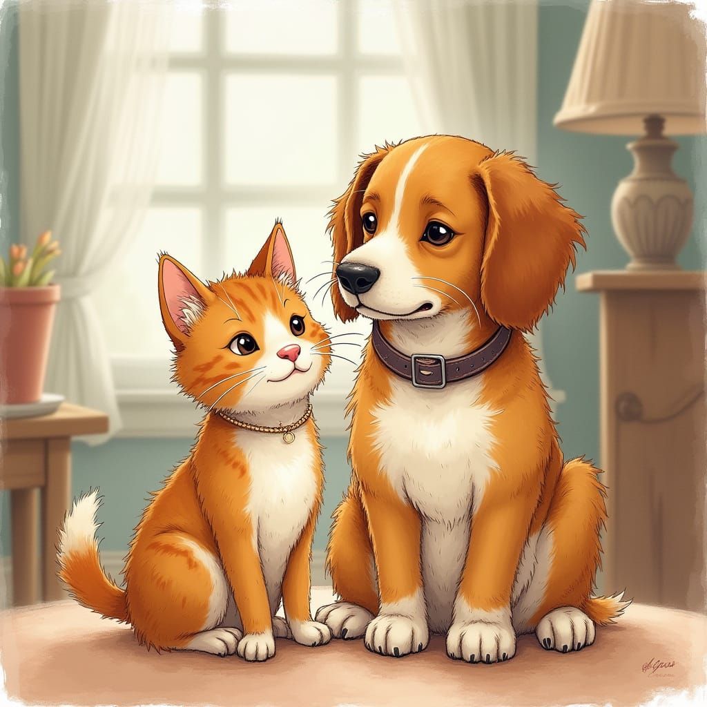 Adorable Feline Canine Duo in Whimsical Watercolor Style