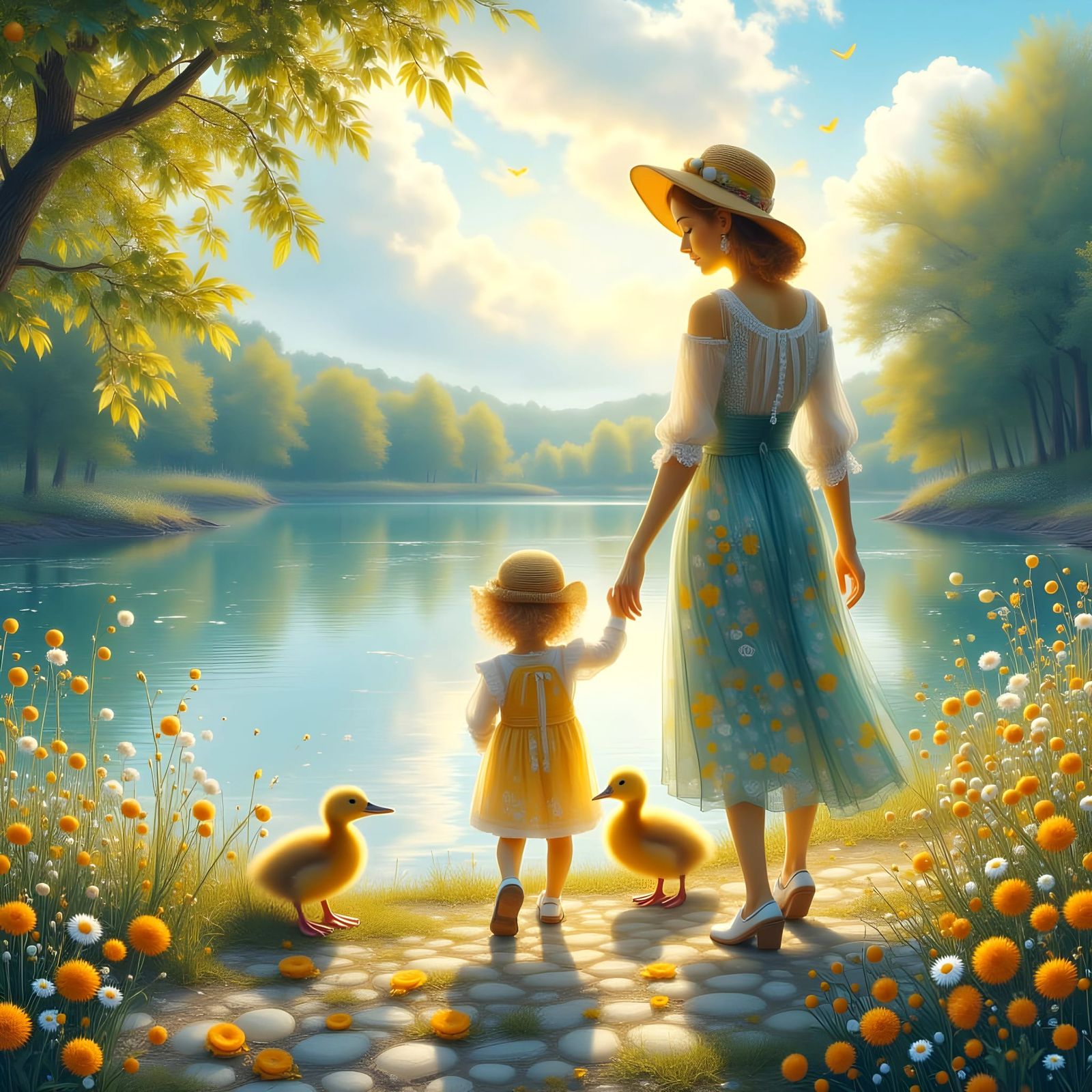 Mother and Child Enjoy Serene Lakeside Stroll in Vibrant Col...