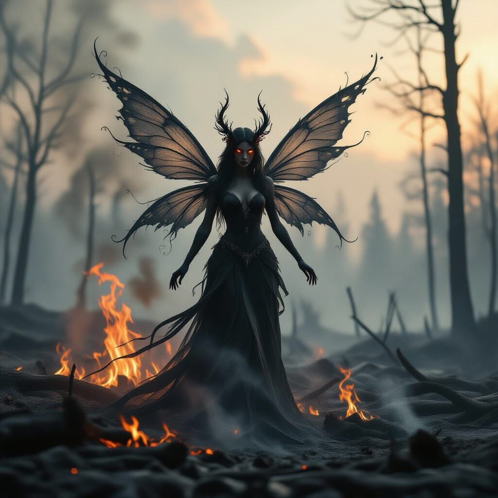 Ash Fairy Rising from Burnt Forest in Dramatic Style