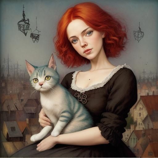 Whimsical Redhead with Cat in Illustrative Style