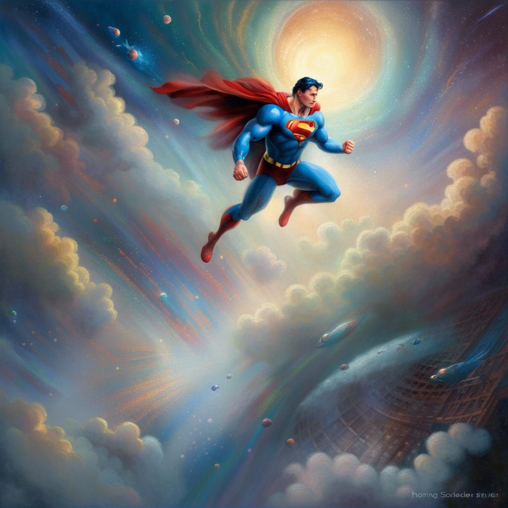 Superman Flies Through Space in Ethereal Fantasy Style