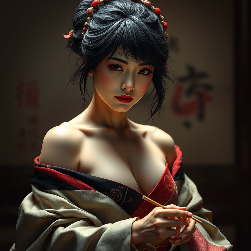 Elegant Japanese Calligrapher Portrait with Volumetric Light...