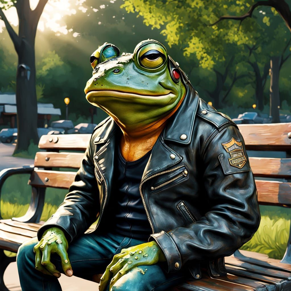 Cyberpunk Bullfrog in a Harley Jacket Sits on a Park Bench