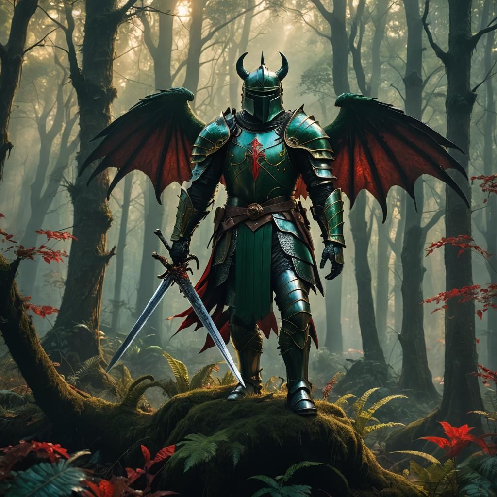 Knight with Demon Wings in Mystical Forest