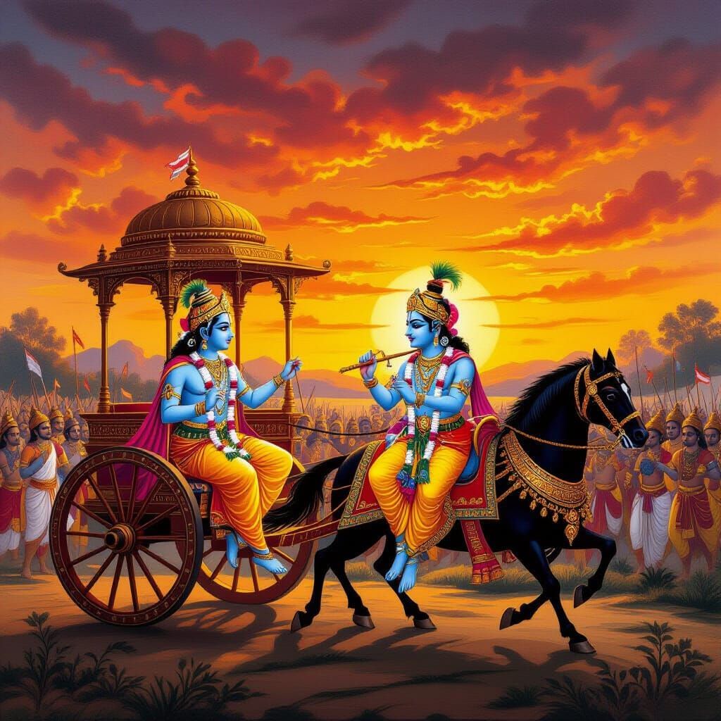 Arjuna and Krishna at Kurukshetra in Miniature Painting Styl...