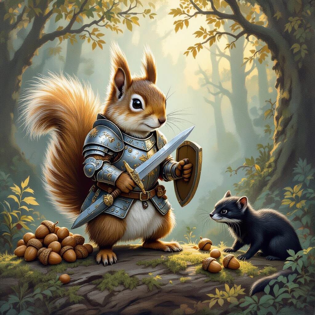 Knight Squirrel Defends Acorns From Dragon Weasel