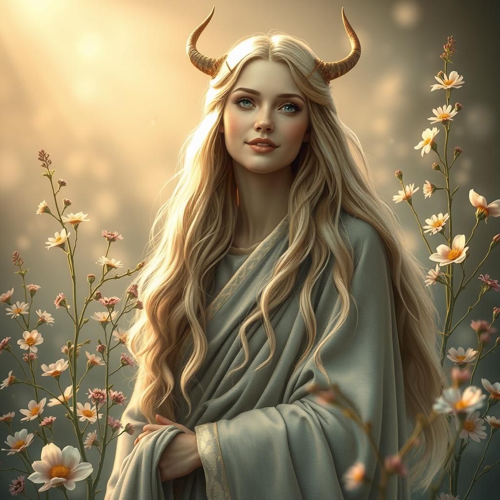 Eir, die nordische Göttin der Heilung, wird in sanften, beruhigenden Farben dargestellt. Umgeben von Heilkräutern und za...