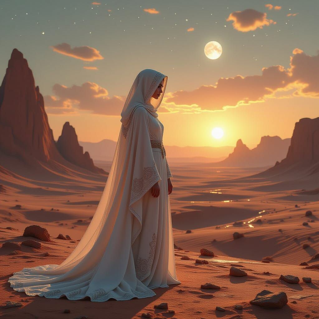 Ethereal Woman on Alien Planet Under Binary Sunset