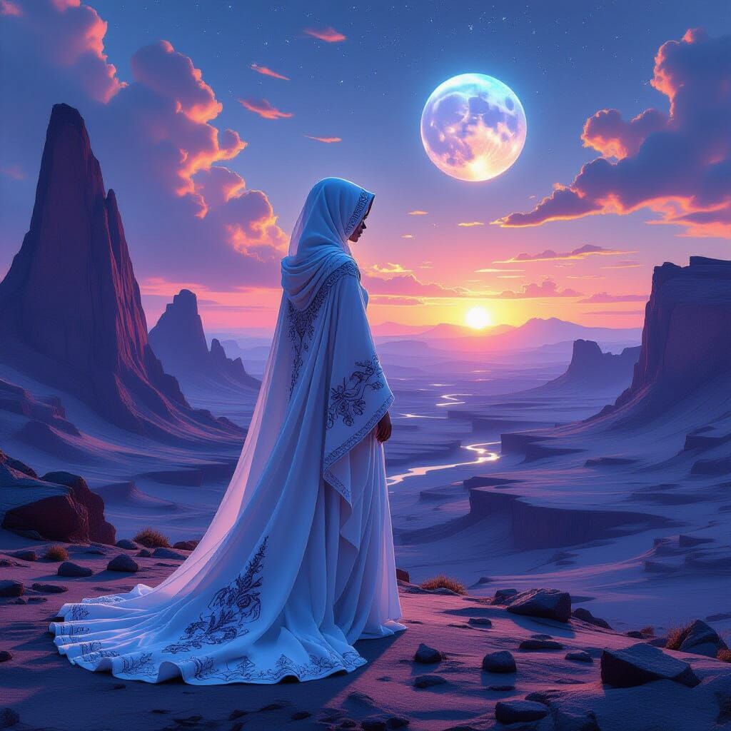 Ethereal Woman on Alien Planet with Crystalline Canyons