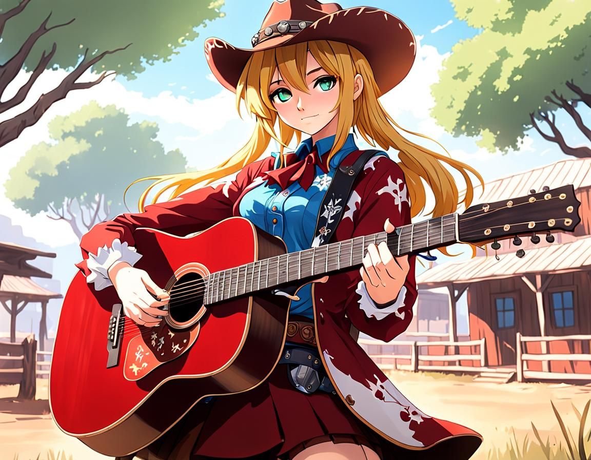 Anime Cowgirl Plays Acoustic Guitar, Western Style