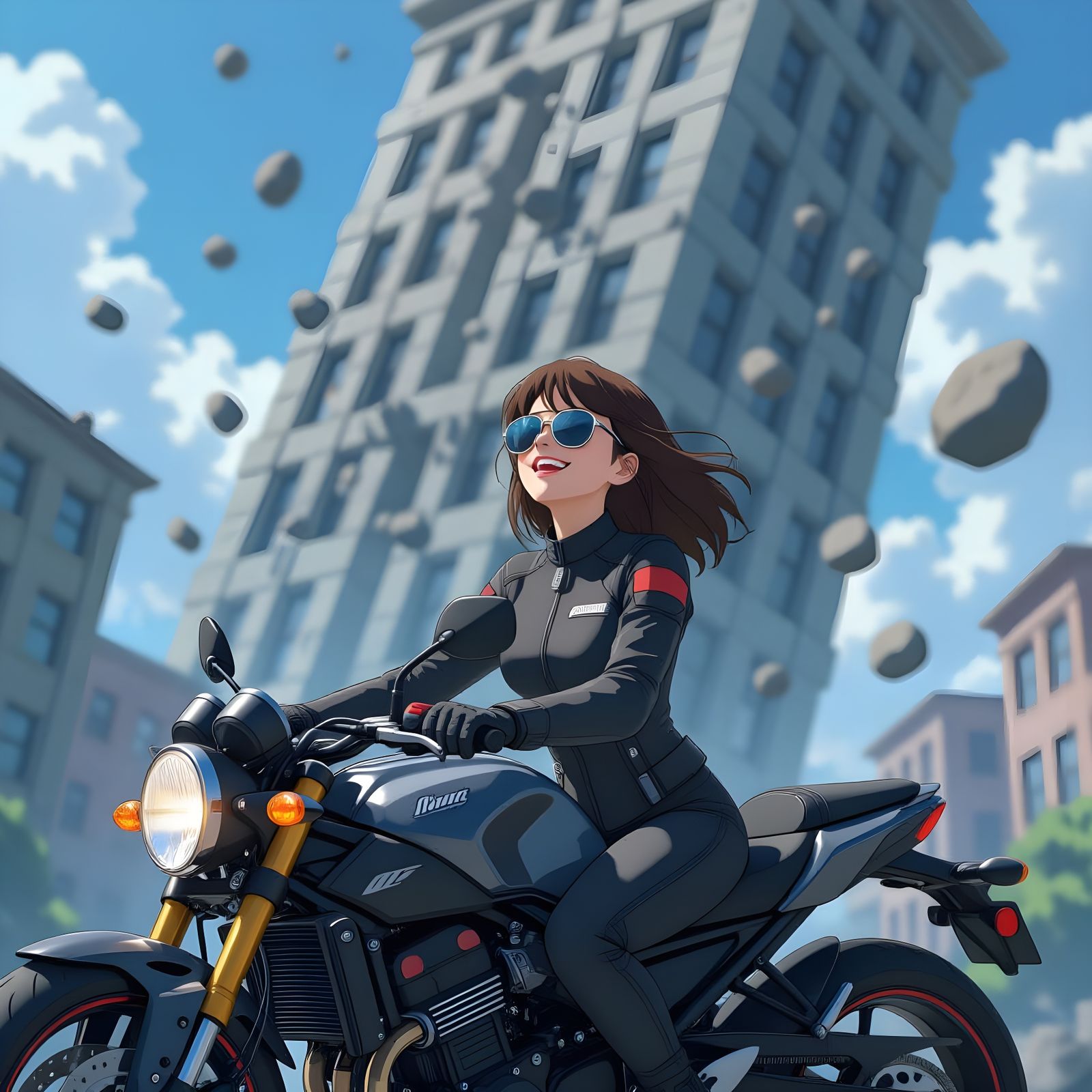 Woman on Motorcycle Amidst Falling Debris in Anime Style