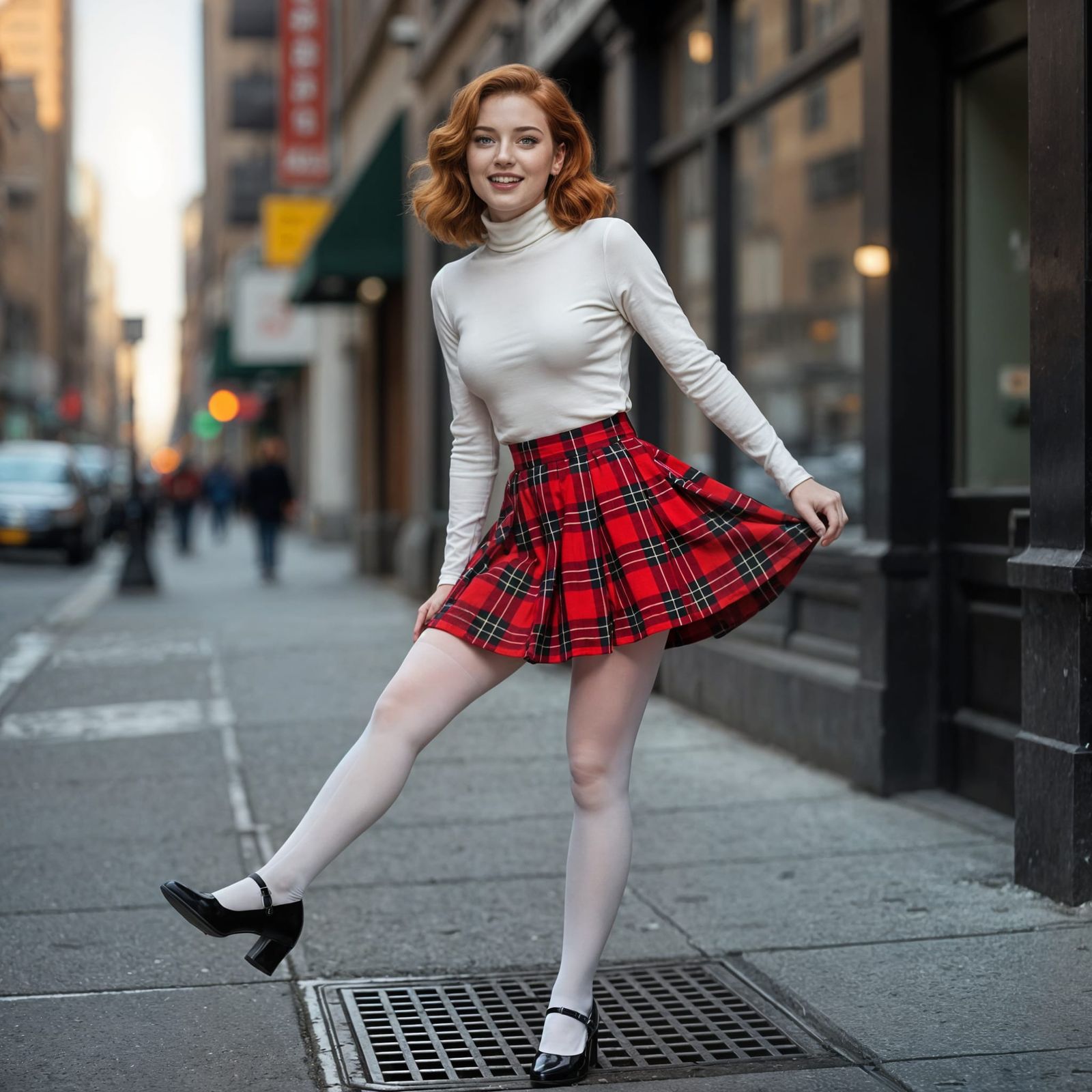 Woman with Red Hair and Green Eyes on City Sidewalk