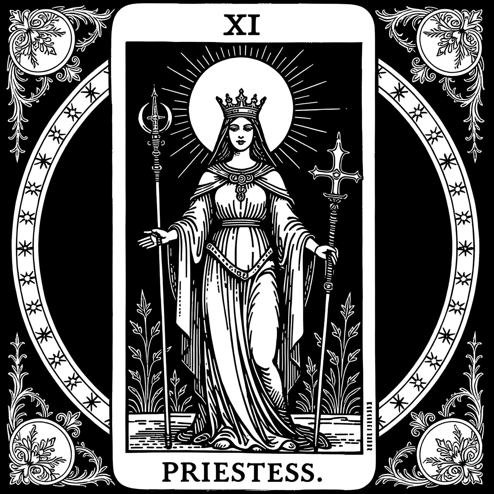 The High Priestess Tarot Card in Black and White