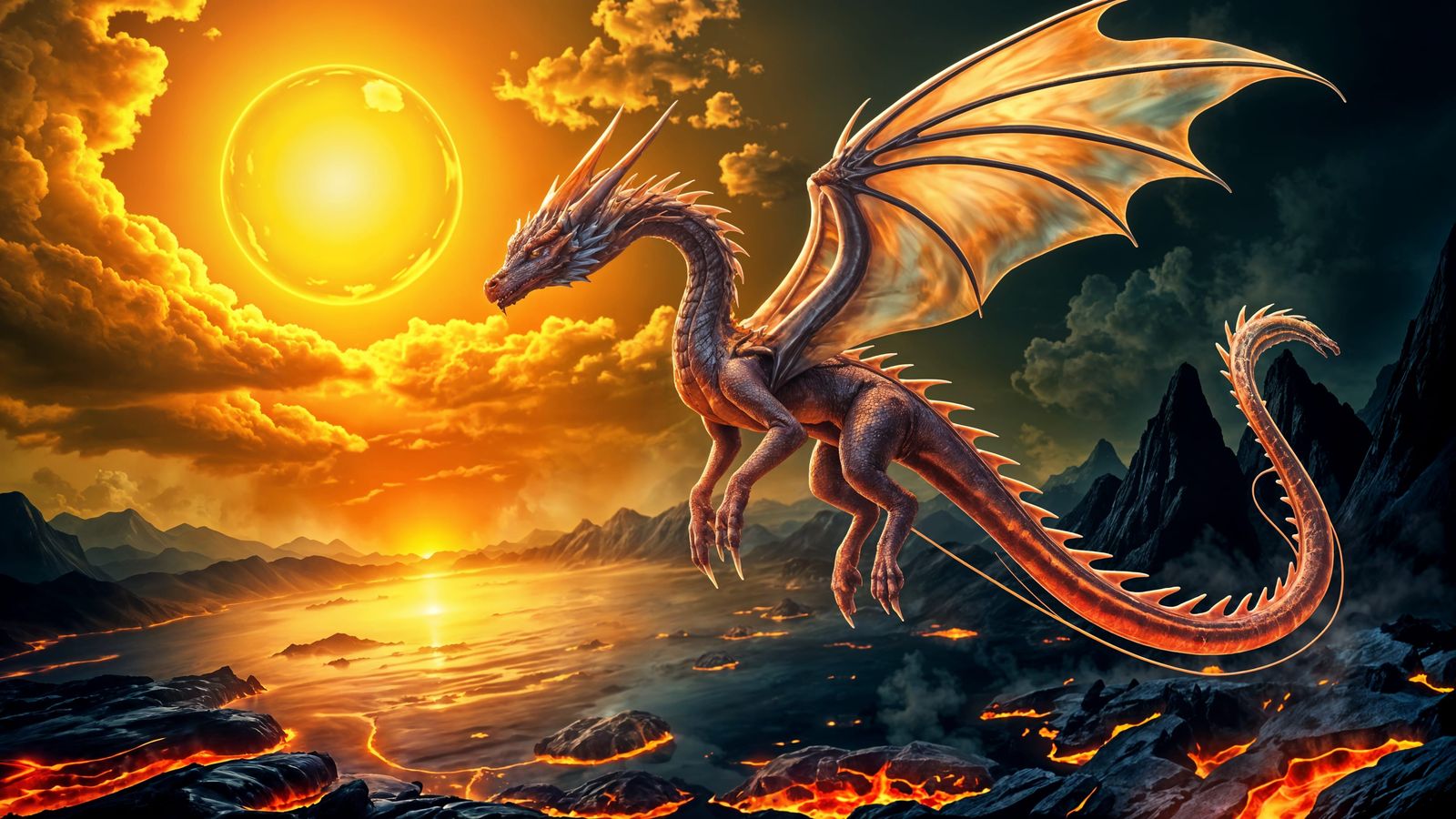 Mythical Dragon Soars Over Blazing Waters in Vibrant Colors