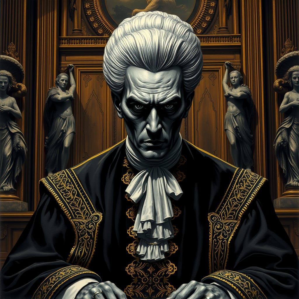 Stern Peruke Judge in Gilded High Court with Dynamic Lightin...