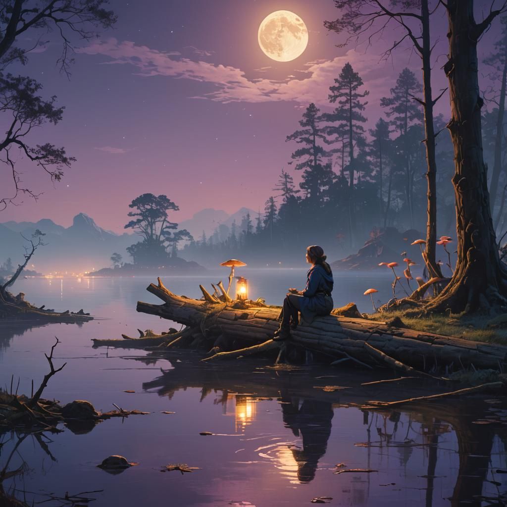 Moonlit Woman by the Lake: Fantasy Concept Art