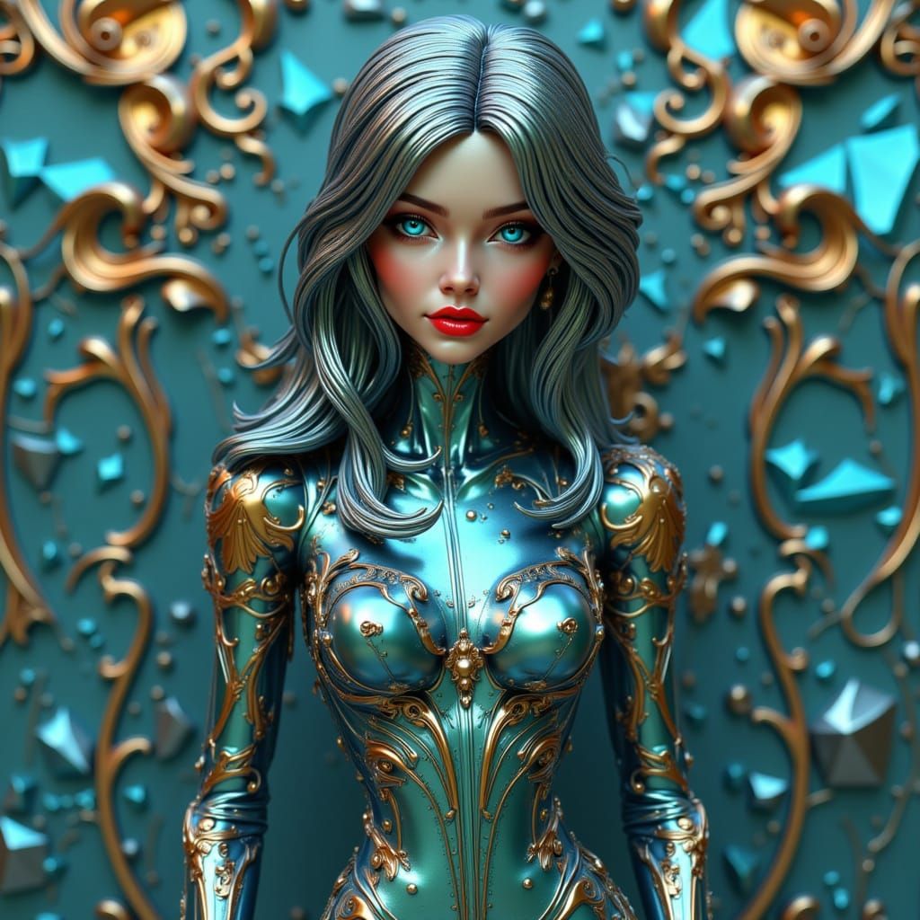 Metallic Automaton Woman in Blue and Green Dress