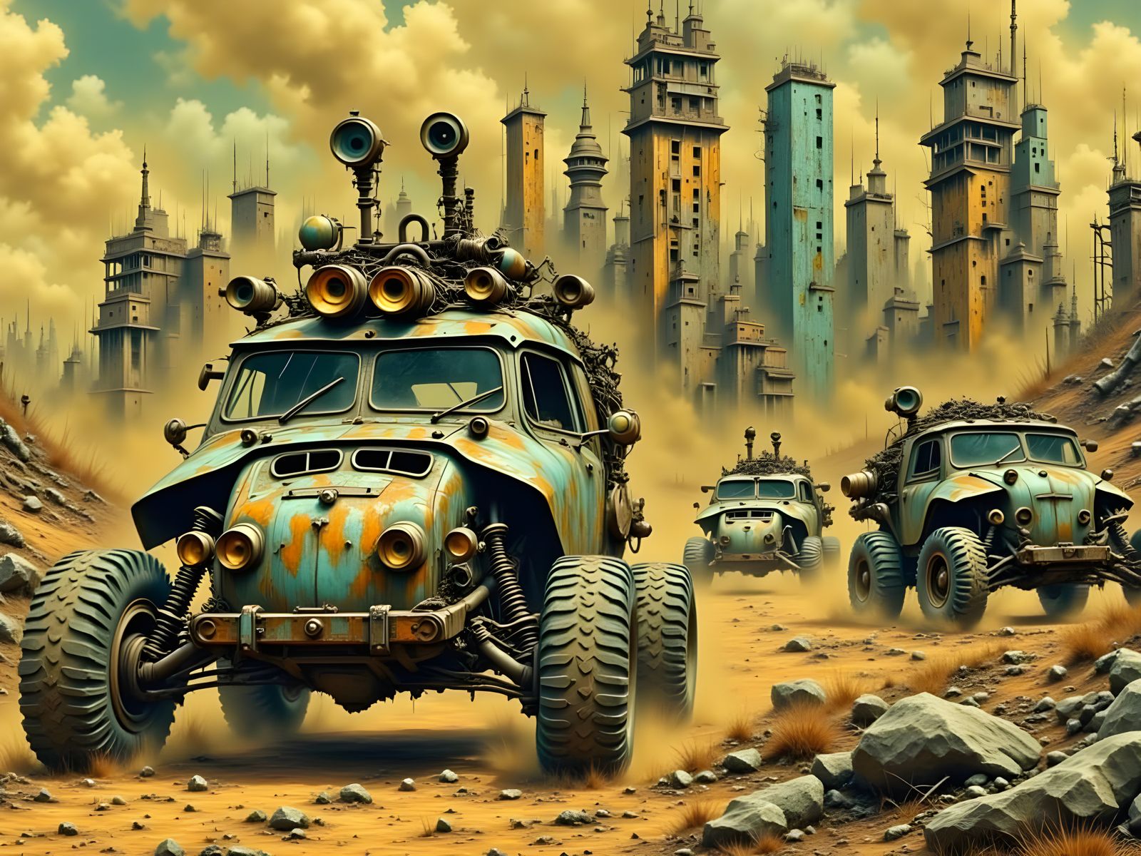 Rugged Post-Apocalyptic Vehicle Speeds Through Barren Wastel...