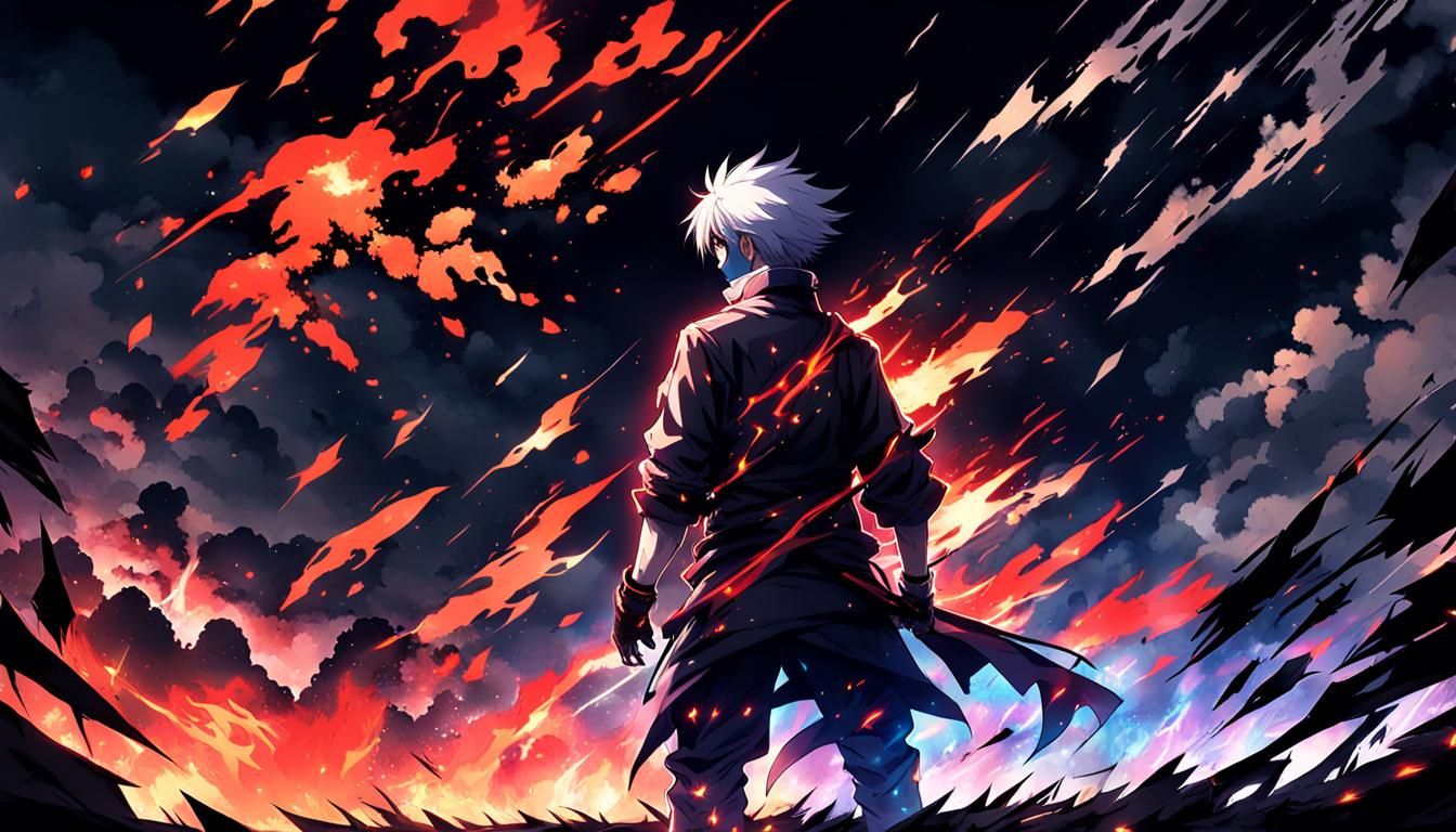 Anime Figures with Neon Fire in Manga Style