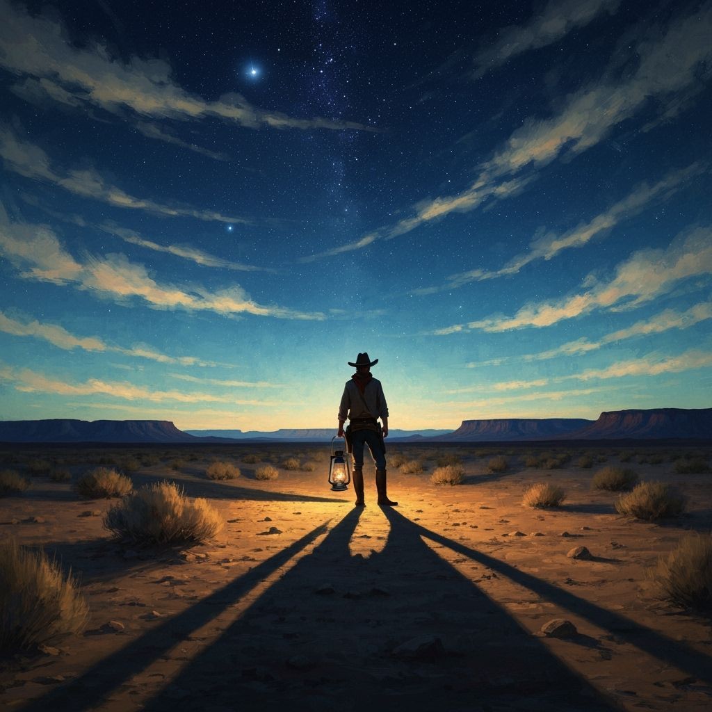 Lone Cowboy Under Starry Desert Sky with Lantern Glow