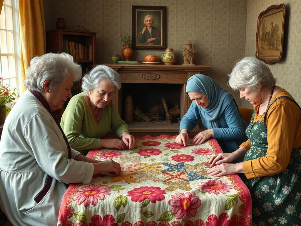 Women's Quilting Circle in Folk Art Style