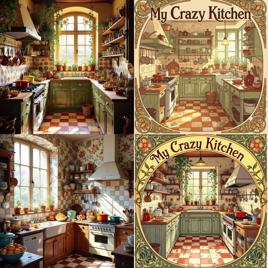 Art Nouveau Kitchen Scene with Poem