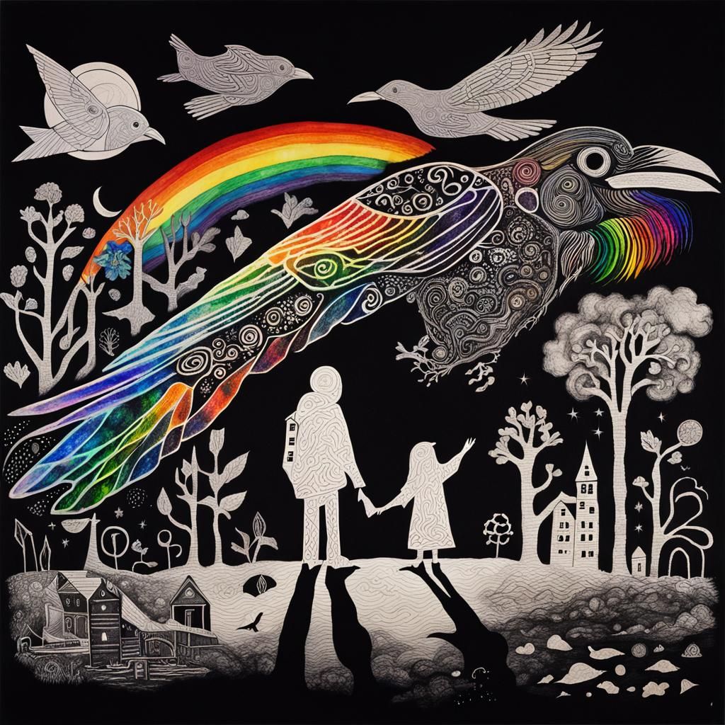 Surreal Celtic Raven Silhouette in Childlike Crayon Style