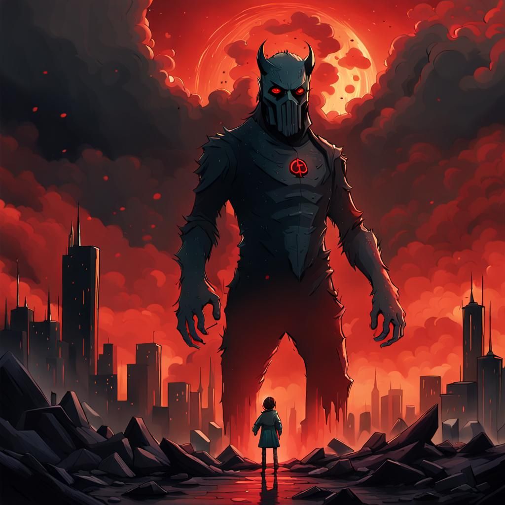 Glowing Red Mark of the Apocalypse in a Dark, Smoldering Cit...