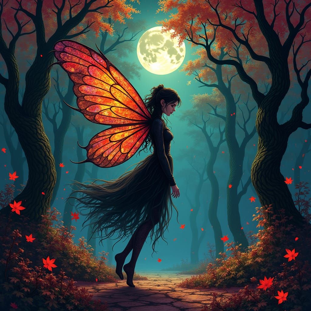 Eerie Autumn Fairy in Dark Anime Forest