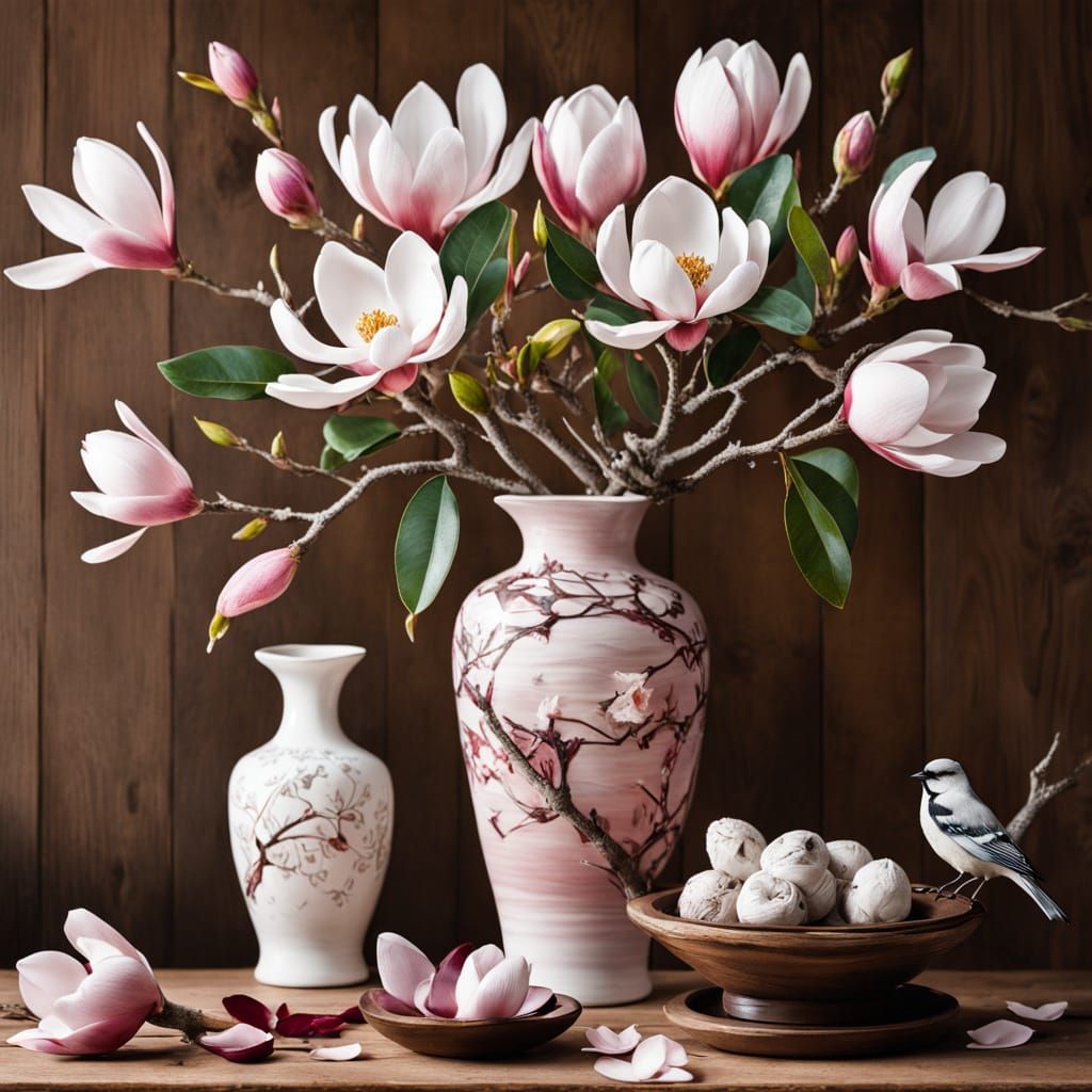Vibrant Magnolia Still Life in Photorealistic Style
