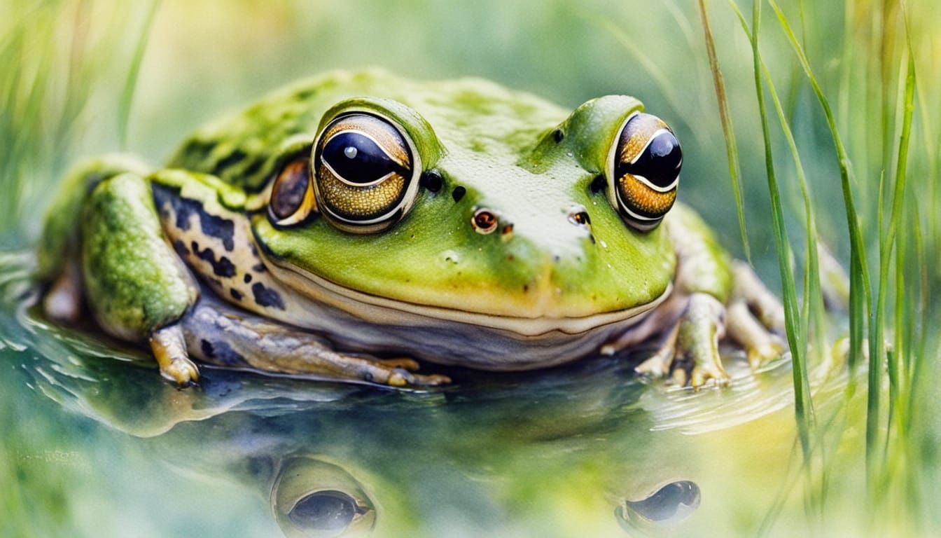 Surprised Frog with Green Eyes in Watercolor