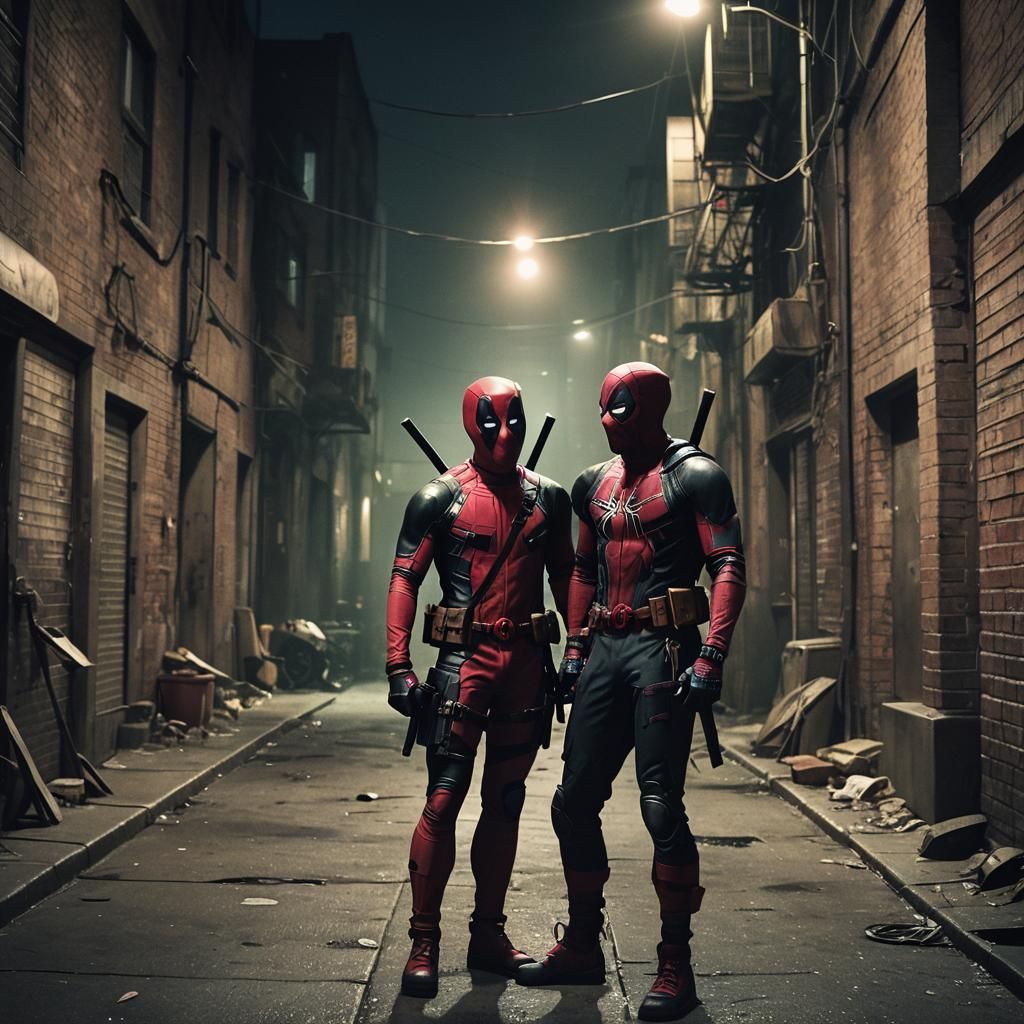Deadpool and Spider-Man Face-Off: Cinematic Film Still