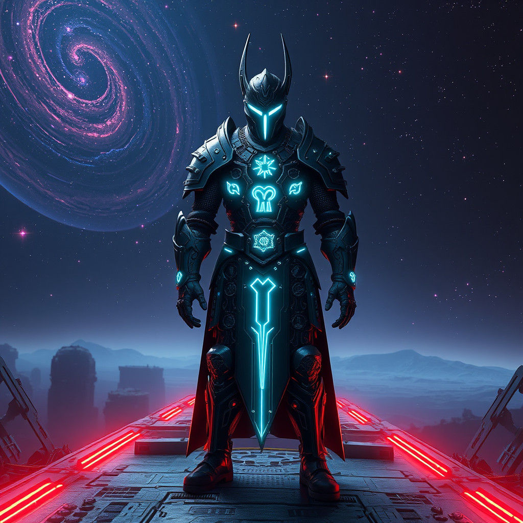 Void Knight in Desolate Neon Space Station