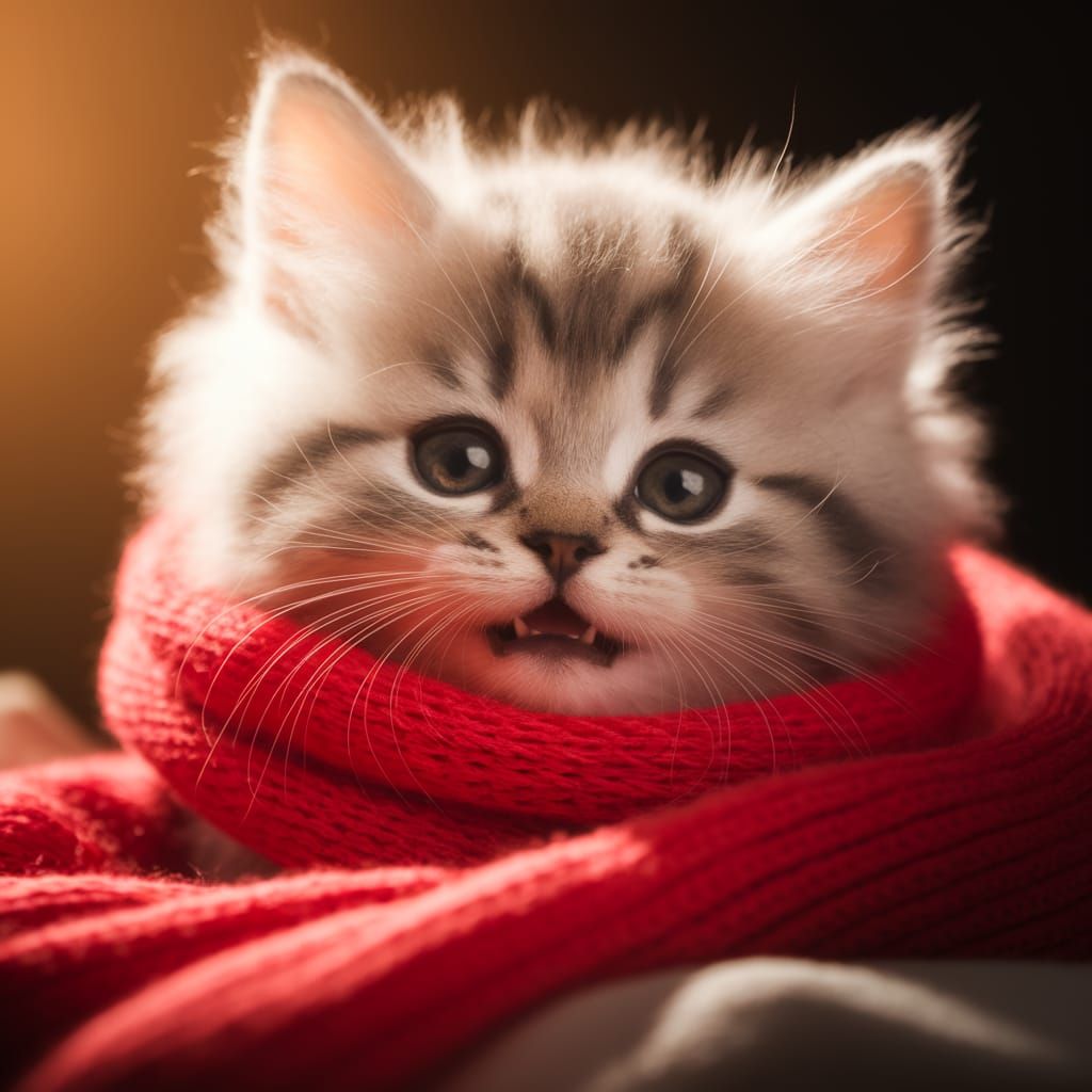Siberian Kitten Wrapped in a Cozy Red Scarf