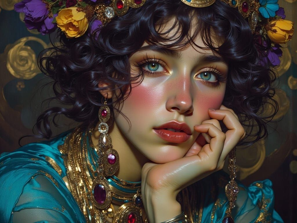 Vibrant Portrait of a Mixed Race Woman in Art Nouveau Style